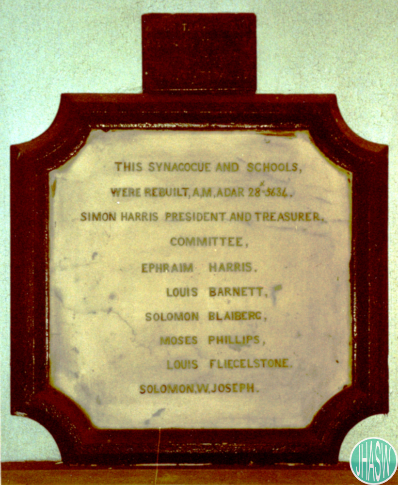 old photo of a plaque from Cathedral Road Synagogue 