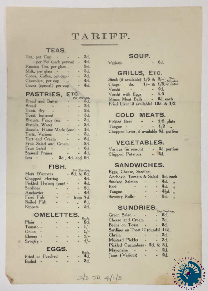 A photo of the tariff listing the cost of beverages. Image Courtesy of Glamorgan Archives.